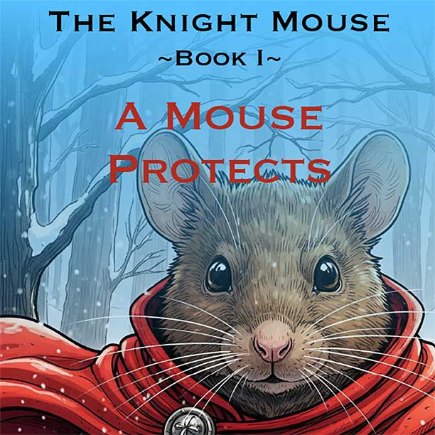 The Knight Mouse Book 1, A Mouse Protects book cover. The copy is set over an image of a mouse in a red cape in a snowy woods.